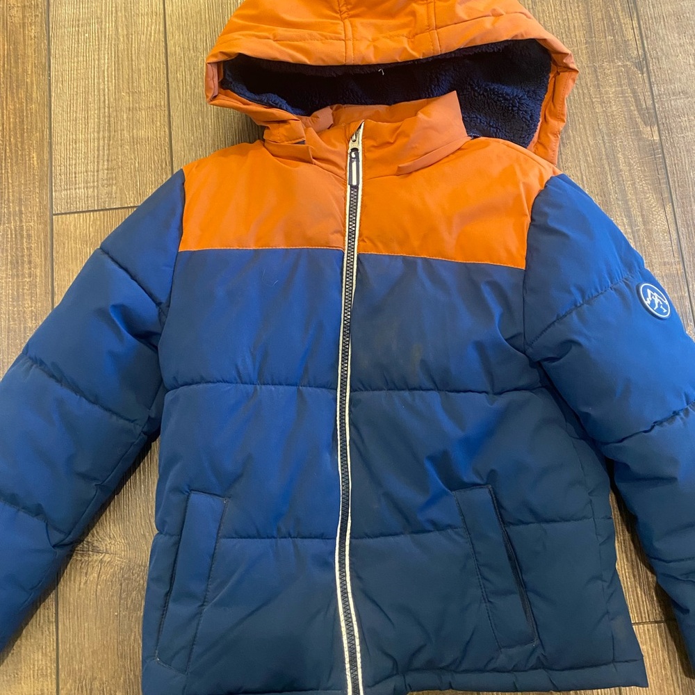 Boys Orange and Blue Hooded Puffer Jacket